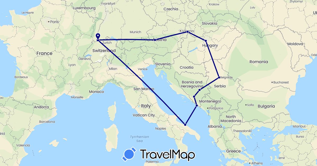 TravelMap itinerary: driving in Austria, Bosnia and Herzegovina, Switzerland, Croatia, Hungary, Italy, Serbia, Slovakia (Europe)